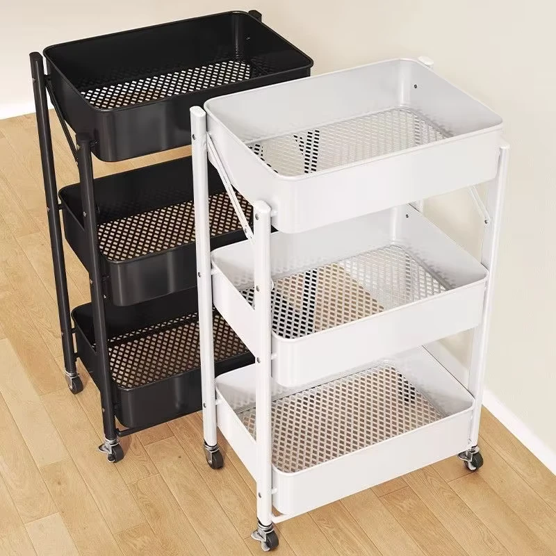 Easy Installation Space Saving Folding Rolling Trolley Three Tier Metal Storage Shelf Kitchen Bathroom Storage Trolley