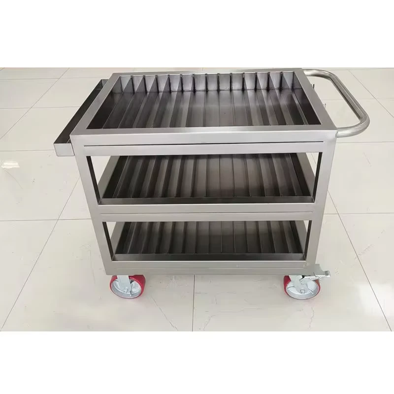 Eco-Friendly Materials Customize Clean Room 304 Stainless Steel Parts Transfer Mold Cart Partitioned Plate 3 Tiers Trolley HTS