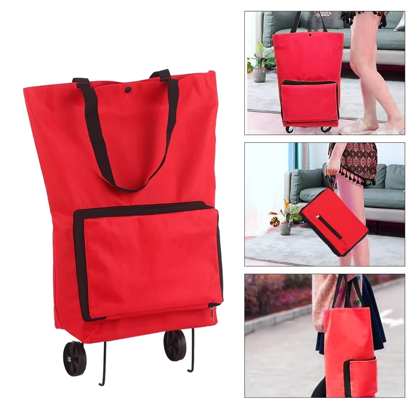 Eco Friendly Reusable Grocery Travel Cart Red Foldable Oxford Trolley Shopping Bag with Wheels Featuring Letter Pattern