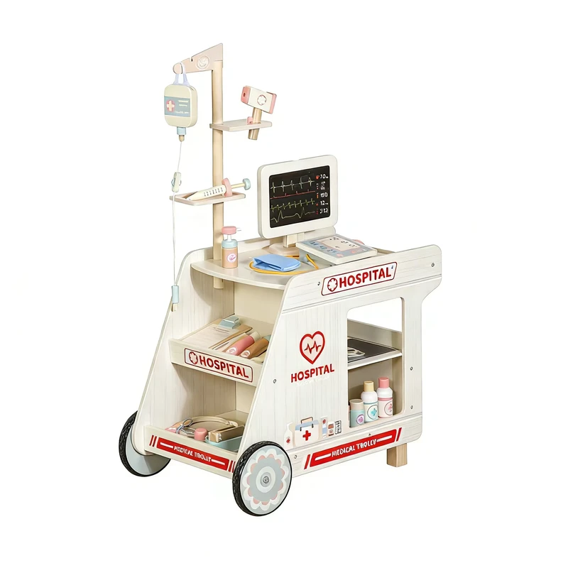Educational Wooden Children’s Role playing Doctor Nurse Simulation Small Clinic Medical Trolley Hospital Toy White Unisex Ages
