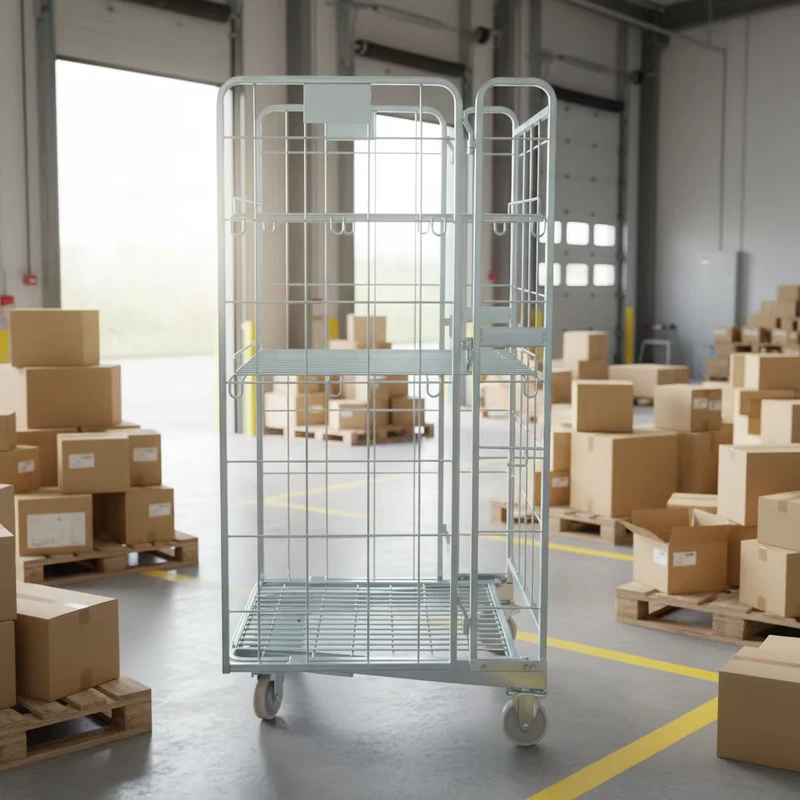 Efficient Medium Duty Mild Steel Roll Cage Trolley with Shelves Hot Dip Galvanized Custom Wire Mesh Design for Retail Storage