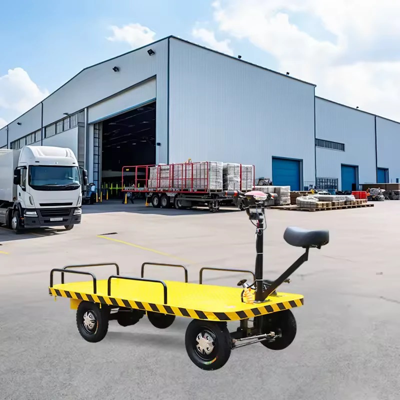 Electric Drive on Platform Truck with Seat 4 Wheel Battery Trolley 1 Ton Electric Cargo Flat Transporter