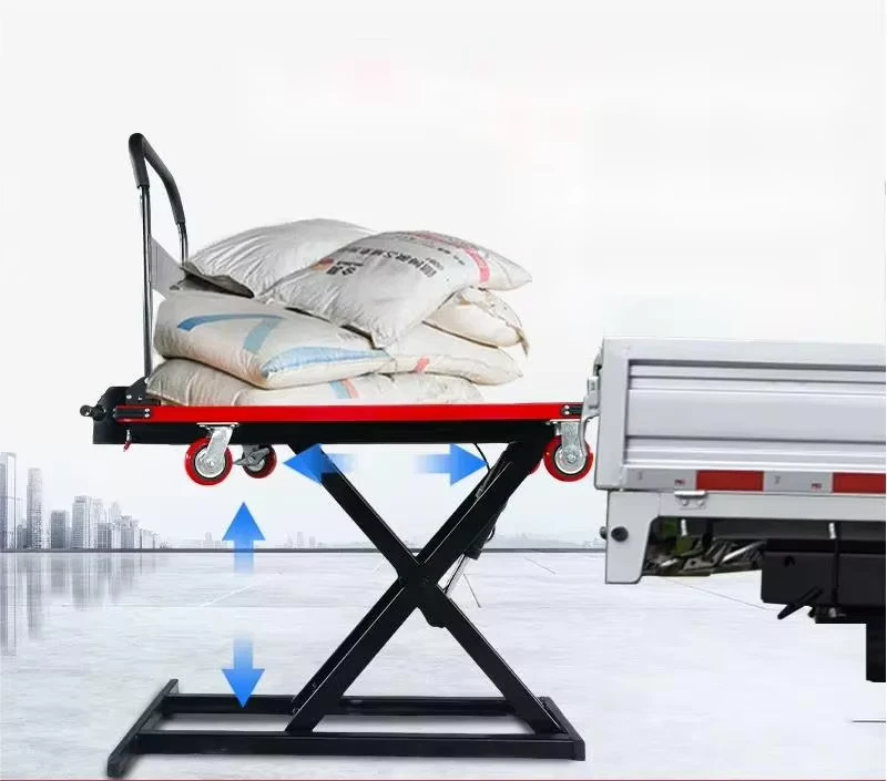 Electric Hydraulic Scissor Lift Four Wheel Cargo Trolley Flatbed Truck Cart Van Lifting Platform 200 300kg Capacity 1 Year