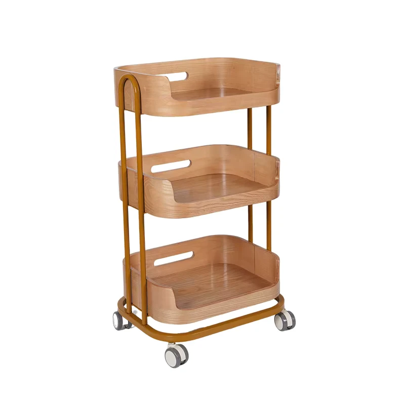Elegant Beauty Salon Wooden Trolley Club Hand Trolley Hair Salon Mobile Multi layer Storage Rack