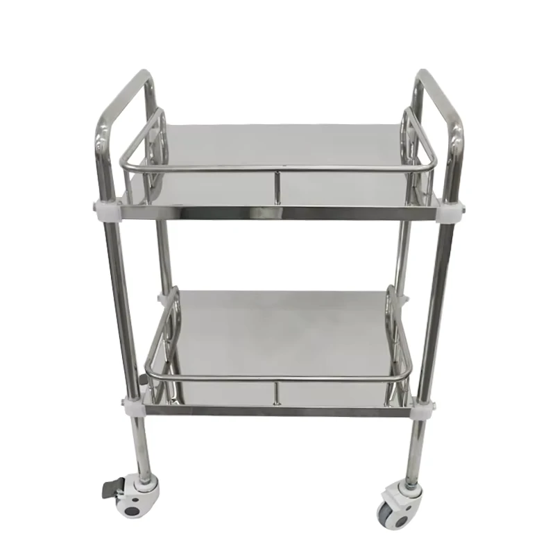 Emergency Medical Instrument 430 Stainless Steel Movable Patient Dismantle 2 Shelf Medicine Trolley Cart for Hospital Clinic