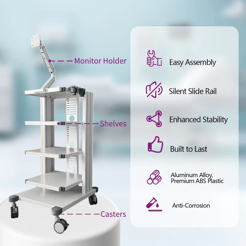 Endoscope Cart with 360° Silent Wheels Rotatable Monitor Stand High Load 4 Layers Adjustable Multi Functional