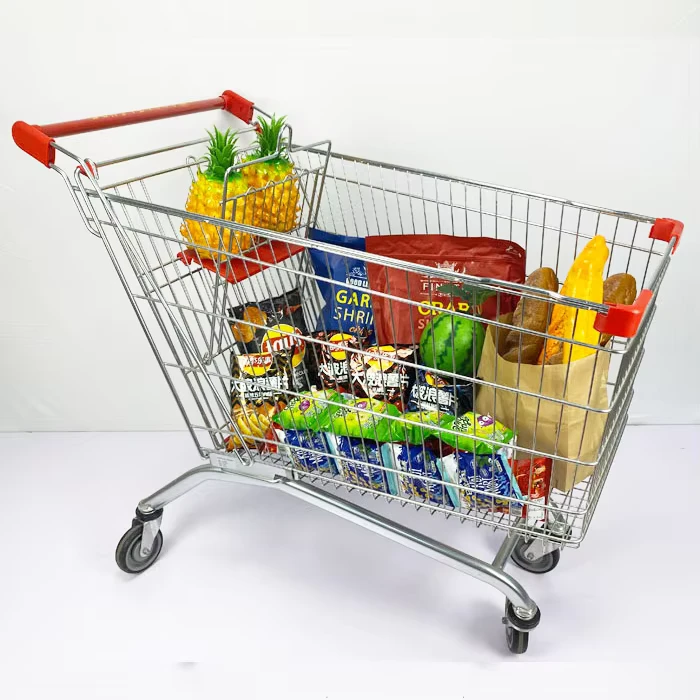 European Style 240L Steel Supermarket Trolley Shopping Cart with Four Wheels