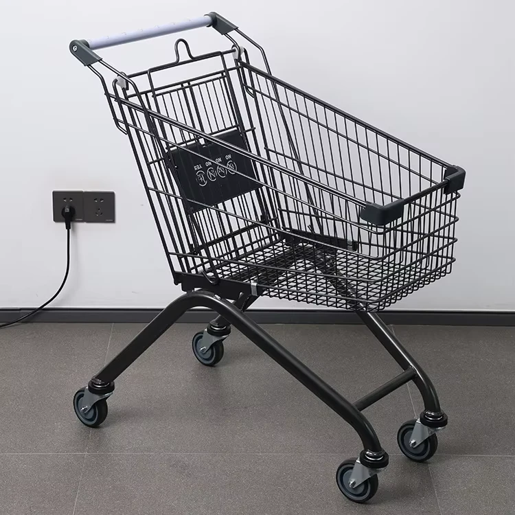 European Style Black Shopping Trolley with Mesh Structure for Supermarket Use