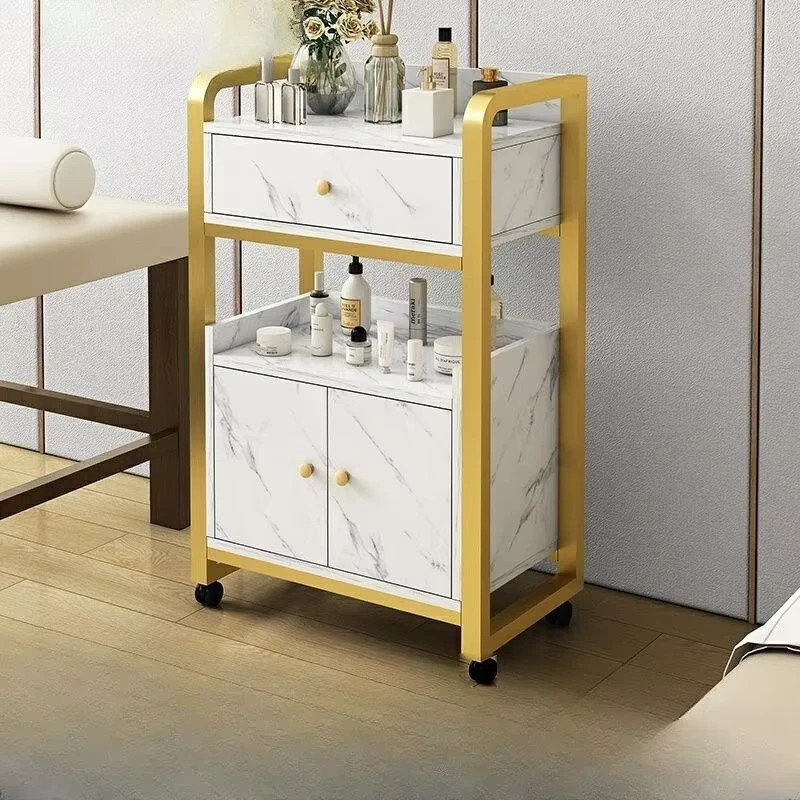 European Style High Gloss Metal Frame Hair Layer Cart Beauty Salon Trolley With Dryer Holders