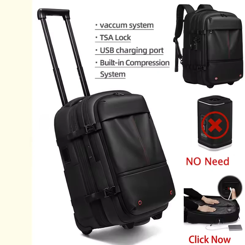 Expandable Anti Theft Auto Compress Trolley Backpack with TSA USB Removable Air Bag Carry On Wheel Built in Pump Vacuum Rucksack