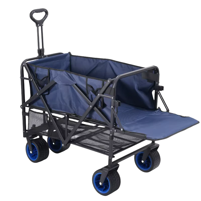 Extra Long Double Layer Iron Four Wheel Heavy Duty Folding Wagon Cart Utility Beach Collapsible Large Capacity Shopping Storage