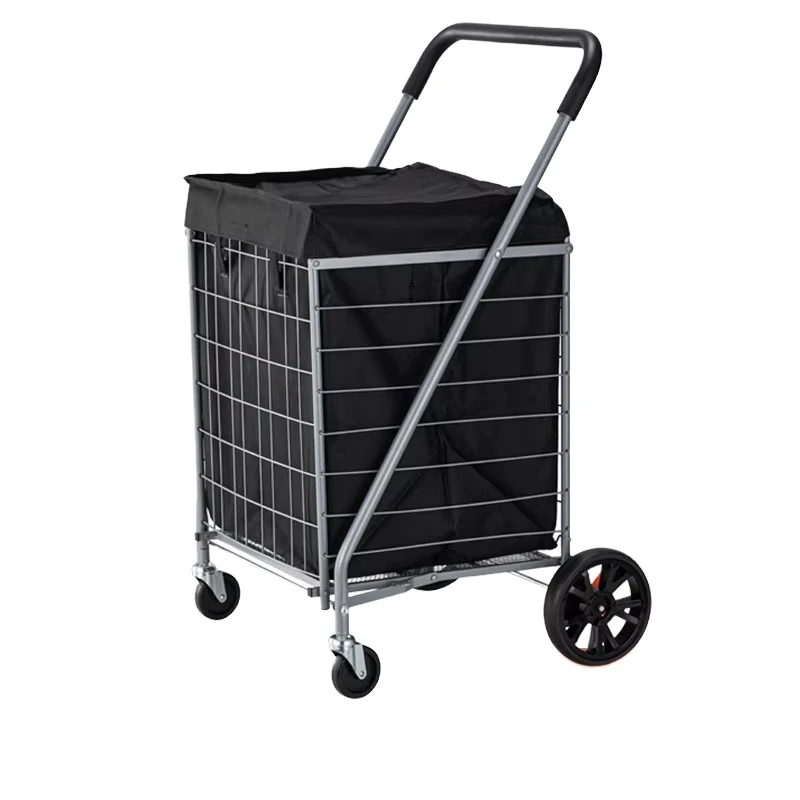 FELLCO Industrial Four wheel Stainless Steel Waterproof Foldable OEM Powder Coated Platform Shopping Trolley for Supermarket Use
