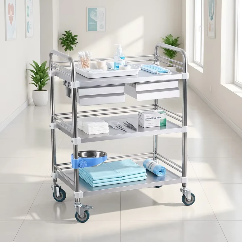 Factory Detachable Stainless Steel Trolley Cart with Universal Wheels 3 Tiers 2 Drawers for Hospitals Clinics