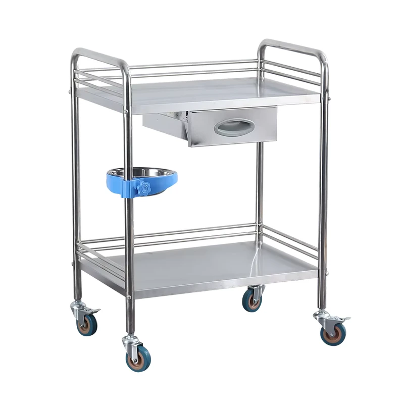 Factory Direct 2 Tier Stainless Steel Hospital Disassemble Cart Single Drawer with Basin Rack for Nursing Home