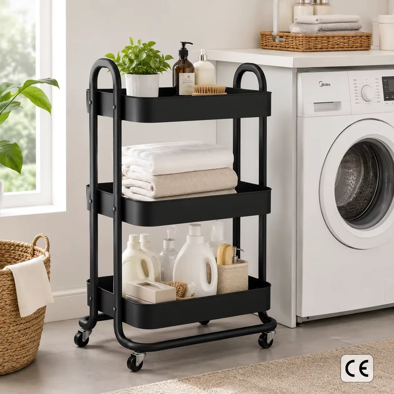 Factory Direct 3 Tier Metal Utility Cart Mobile Storage Trolley with Wheels OEM ODM for Home Kitchen Office