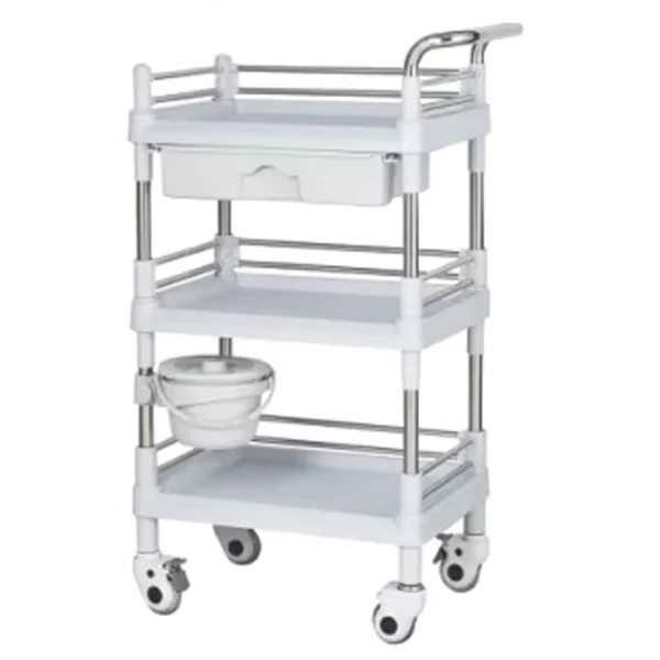 Factory Direct 3 Tier Plastic Steel Medical ABS Panel Cart 201 Stainless Steel Frame with Handle Guardrail Drawer