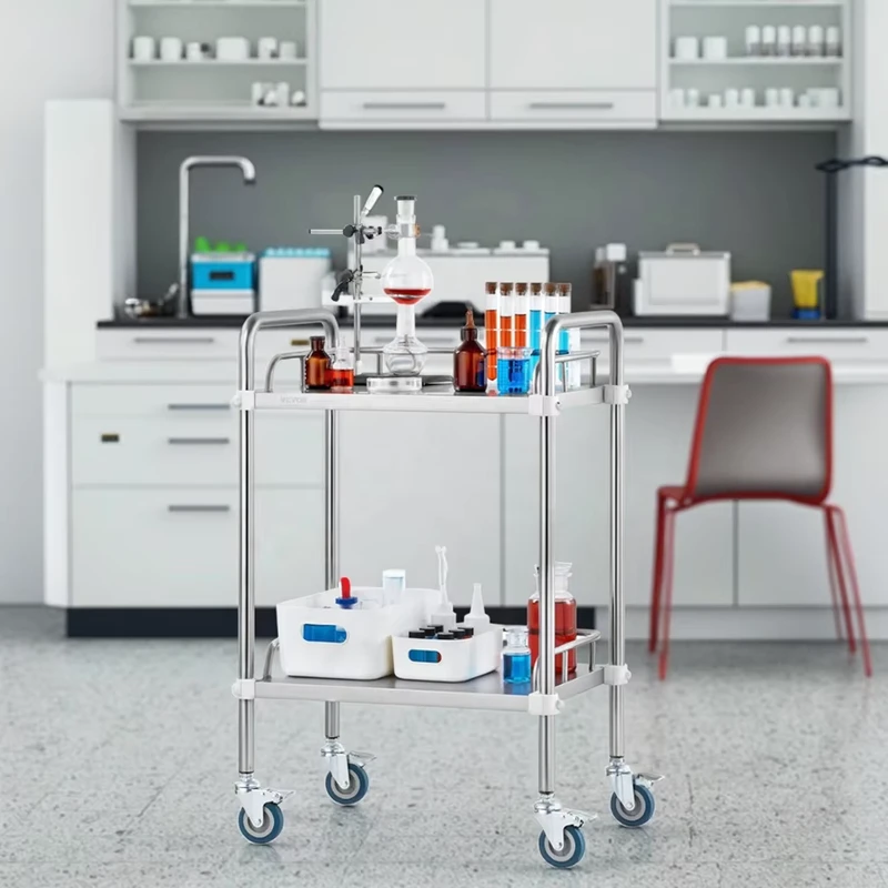 Factory Direct Medical Trolleys LFGB Certification Stainless Steel 201 4 Wheel Chemical Resistant 300kg/m Load Capacity 2 Tier