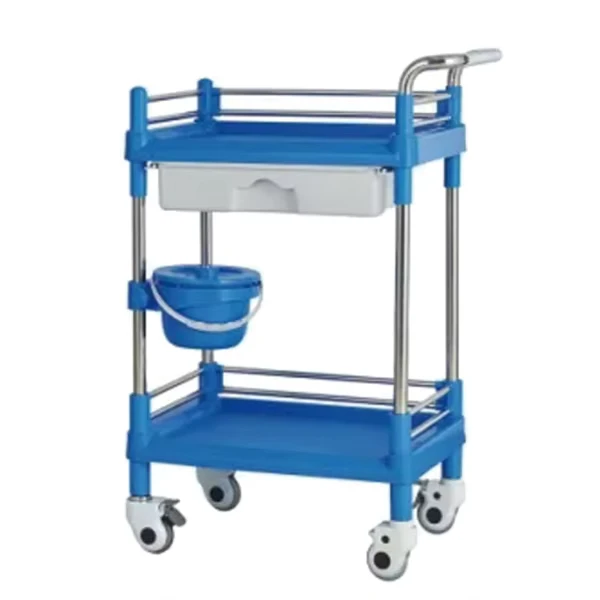 Factory Direct Price 1 Drawer 201 Stainless Steel Support 2 Layer Plastic Steel Hospital Trolley with 4 Silent Casters