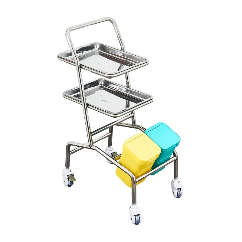 Factory Direct Price Stainless Steel Hospital Trolley 2 45*35cm Trays 2 Small Waste Bins Silent Wheels