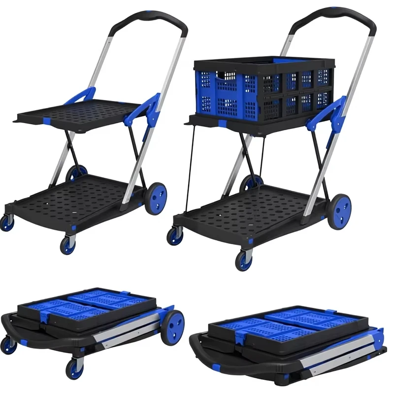 Factory Direct Sale Portable Foldable Silent Framed Handcart Supermarket Transport Plastic Shopping Cart