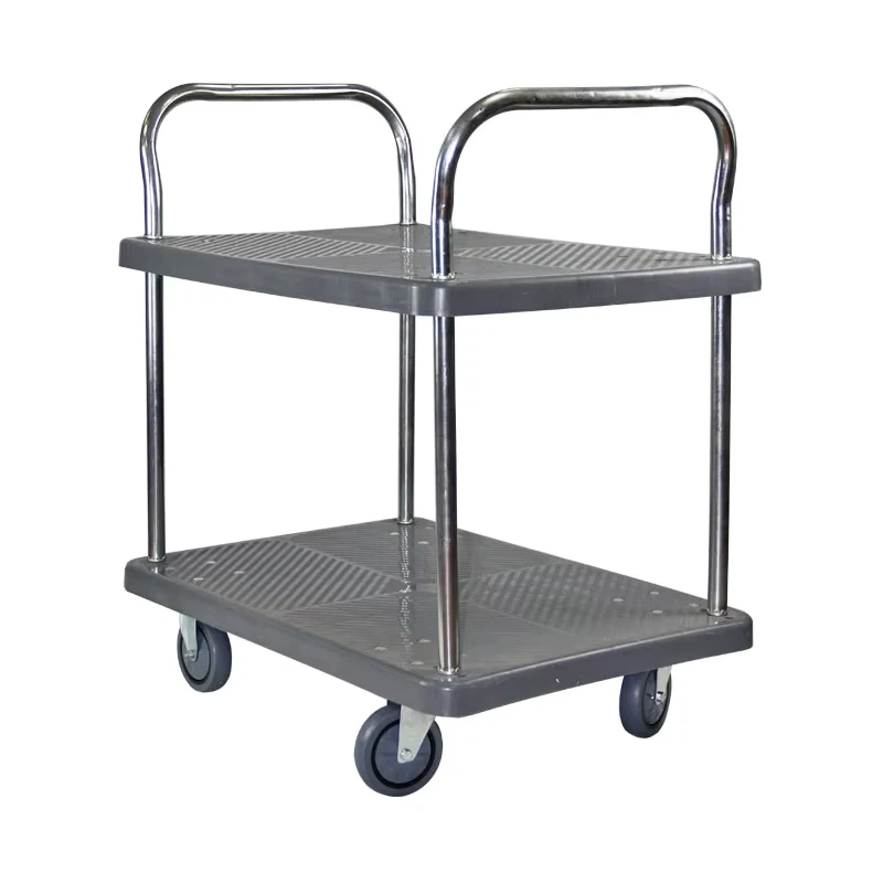 Factory Direct Sales Double Armrest Grey 2 Tier Plastic Hand Cart Layer Plastic Platform Trolley with 4 Silent Casters