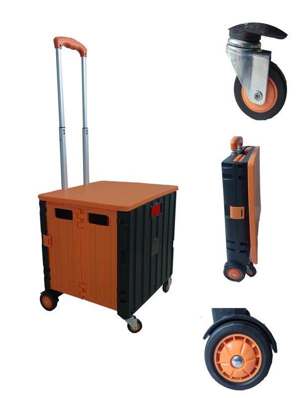Factory Plastic Folding Shopping Cart Trolley with 4 Wheels Box Utility Foldable Portable Rolling Supermarket Trunks 50L