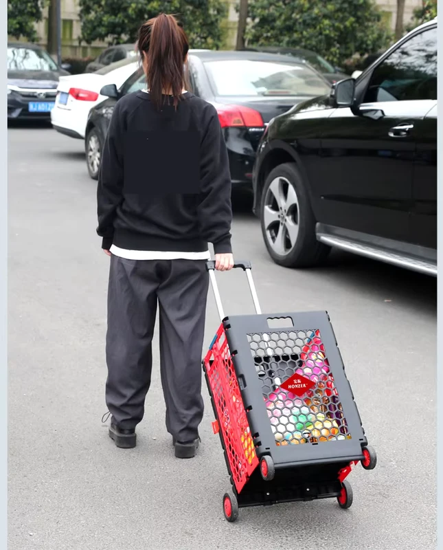 Factory Portable Foldable Pull Cart Supermarket Plastic Folding Shopping Trolley Cart with Wheels Rolling Truck Mesh Structure