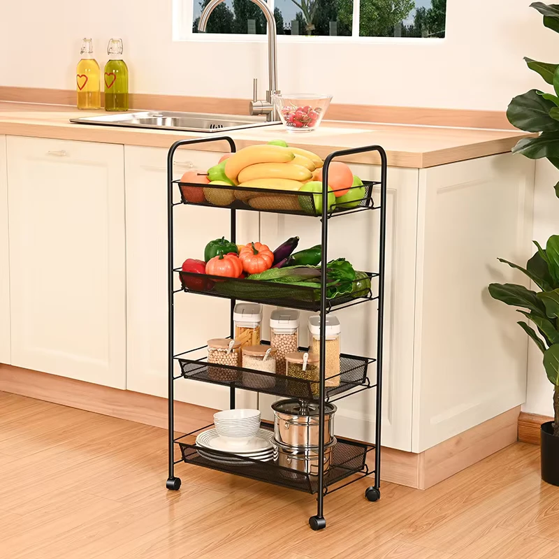 Factory Price Wire Utility Trolley Storage Cart Kitchen 4 Tier Vegetable Mobile Storage Holder Rack