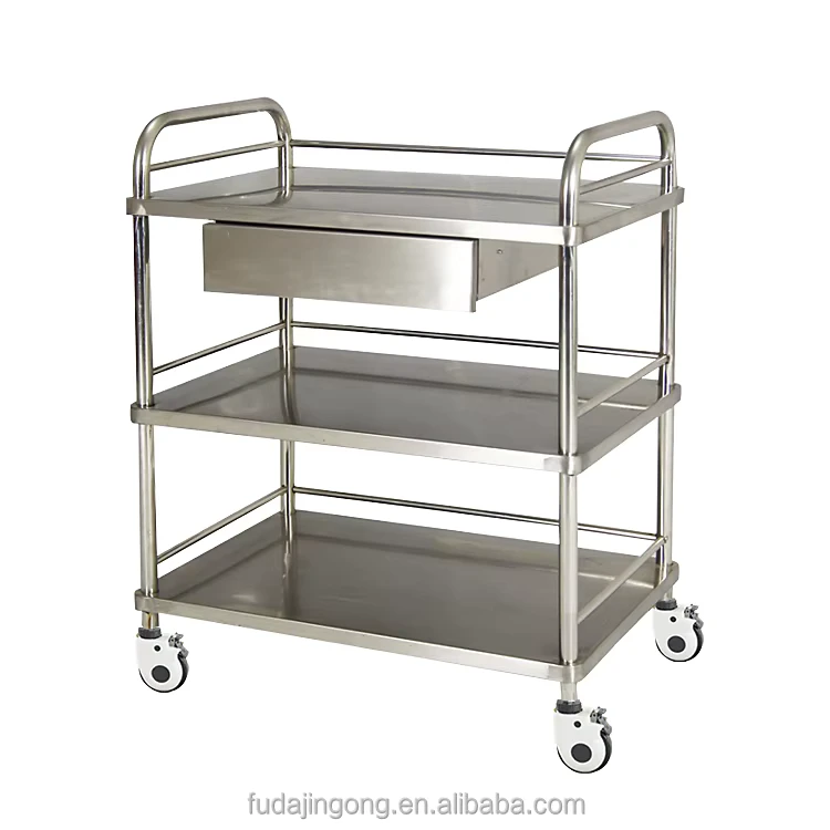 Factory Sale Direct Hospital Furniture 3-tier Stainless Steel Medical Trolley with Drawer