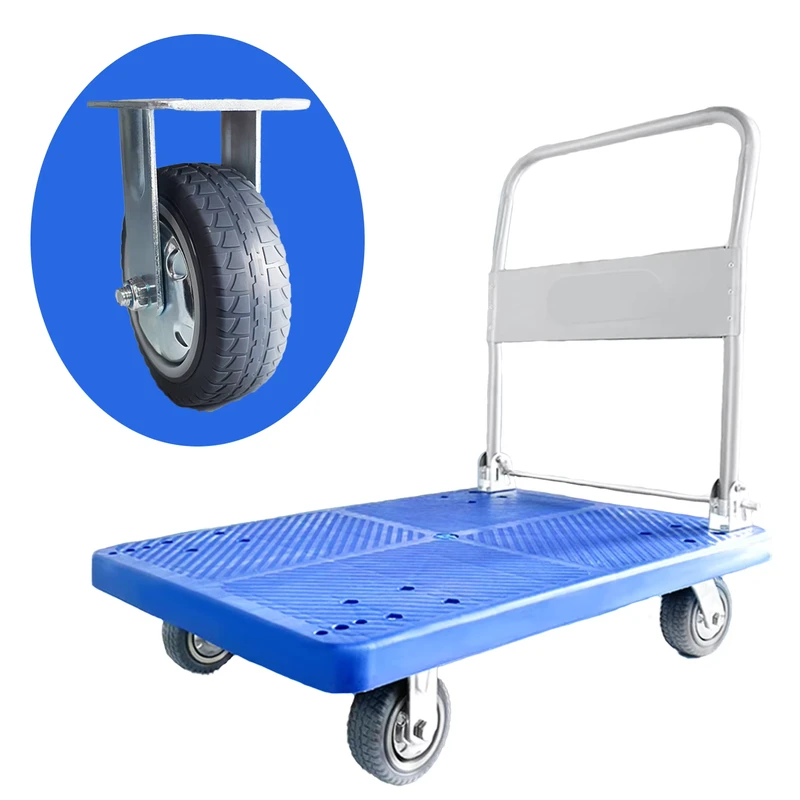 Factory Supply Four Wheel Heavy Duty Foldable Hand Cart Custom Wheel Blue Plastic Platform Trolley Hand Truck