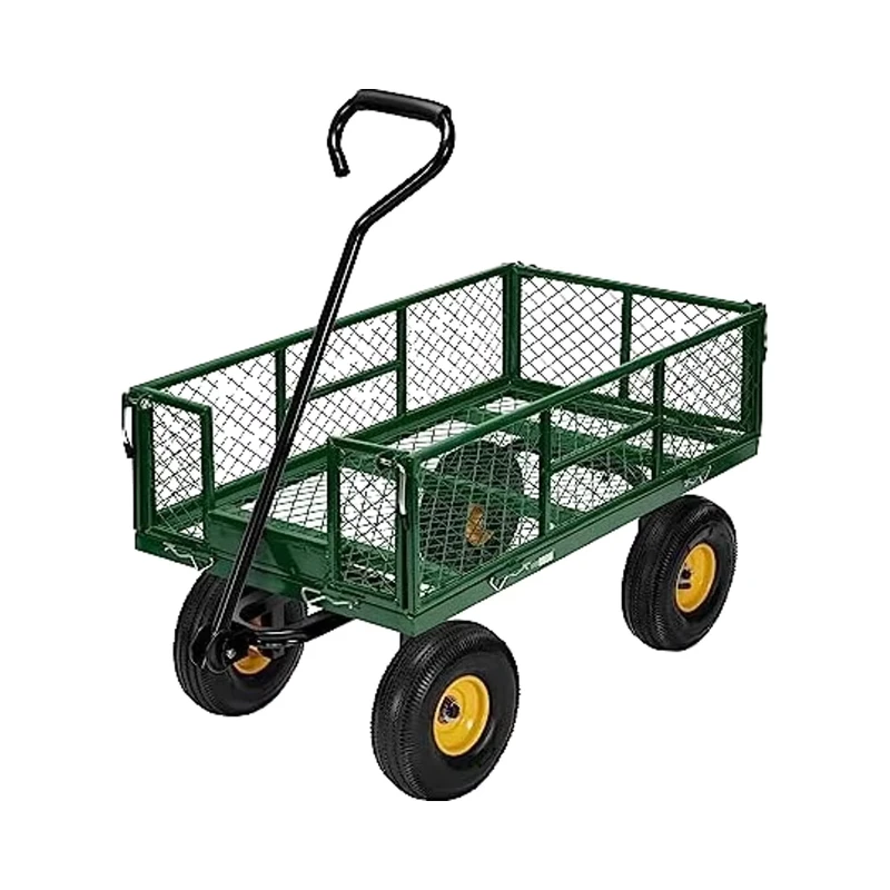Factory Supply Four wheel Steel Mesh Garden Utility Wagon Yard Cart with Platform Cart 150kg Capacity for Shopping and Storage