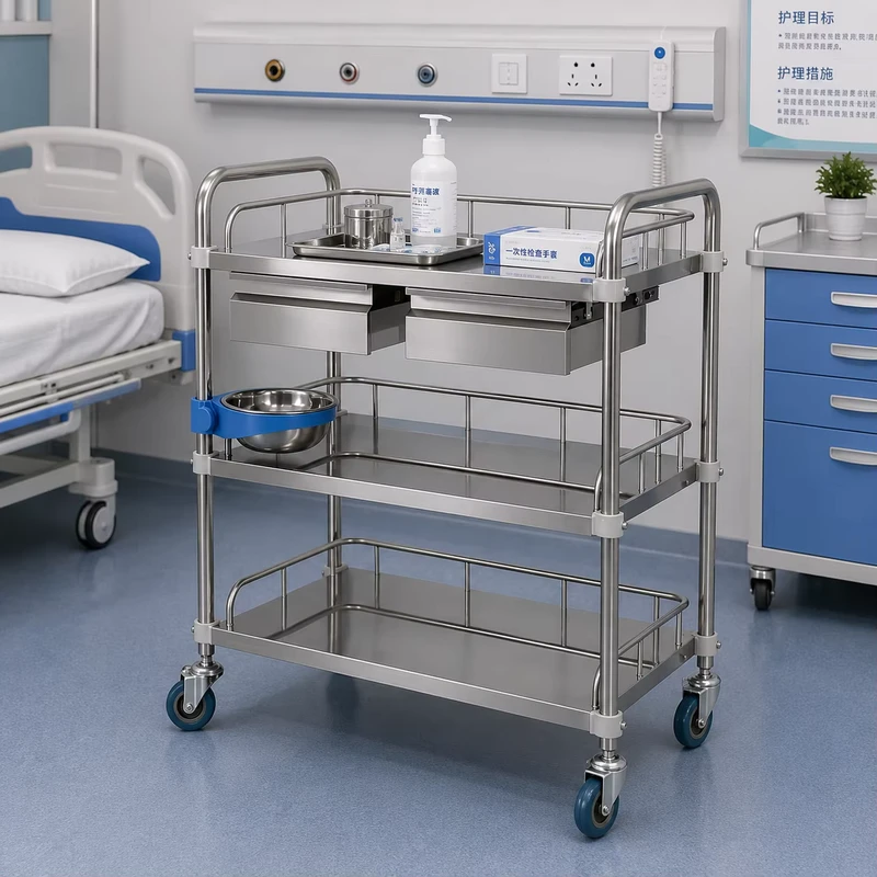 Factory Supply High Quality 4 wheeled Stainless Steel Medical Instrument Hospital Care Trolley