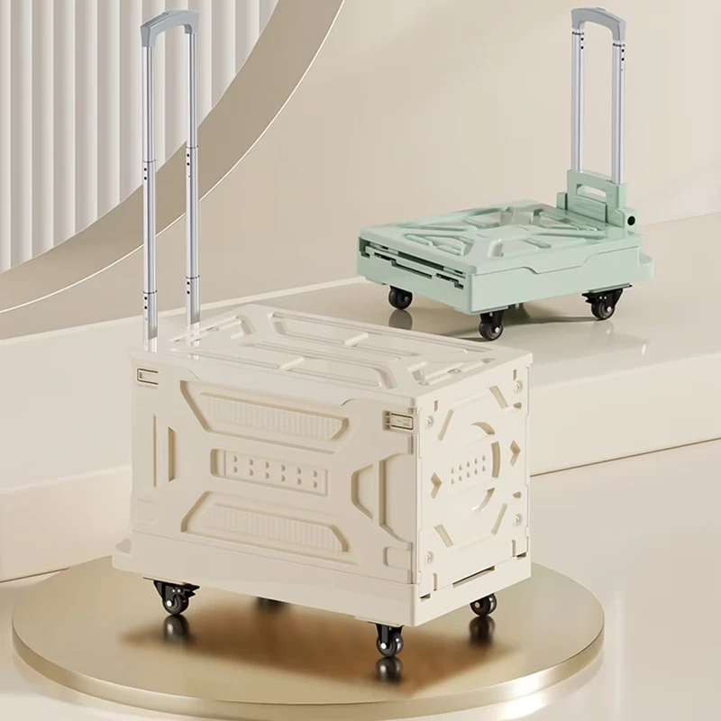 Factory Supply PP Plastic Foldable Hand Pushing Picnic Camping Trolley Shopping Cart with Wheels Food Container