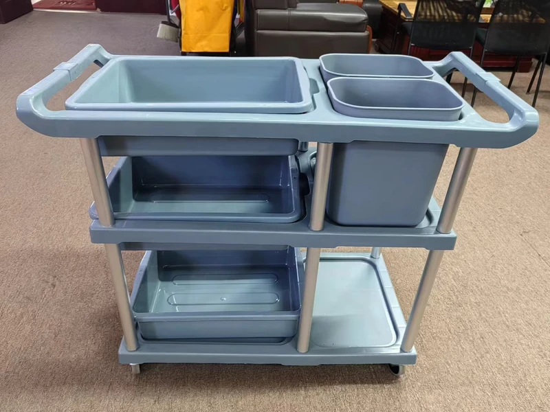 Fast Food Mobile Kitchen Utility Cart with PP Body Rubber Wheels 3 Layer Design Cleaning Cart 200 lb Capacity UP 067B