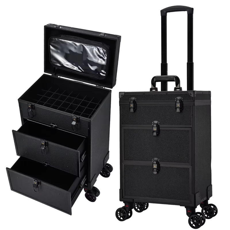 Fireproof Board Case Black for Nail Polisher Soft Handle 3 Layer Drawer Makeup Storage Professional Cosmetic Trolley Large