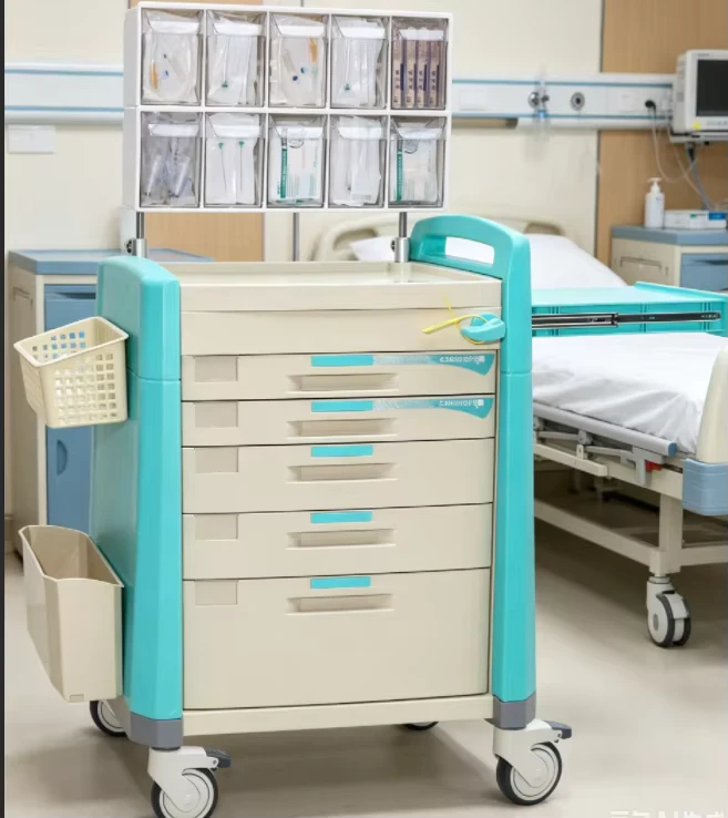 Five Drawer Abs Anesthesia Trolley with Side Storage Basket Waste Bucket Rolling Casters for Hospital Ward Use
