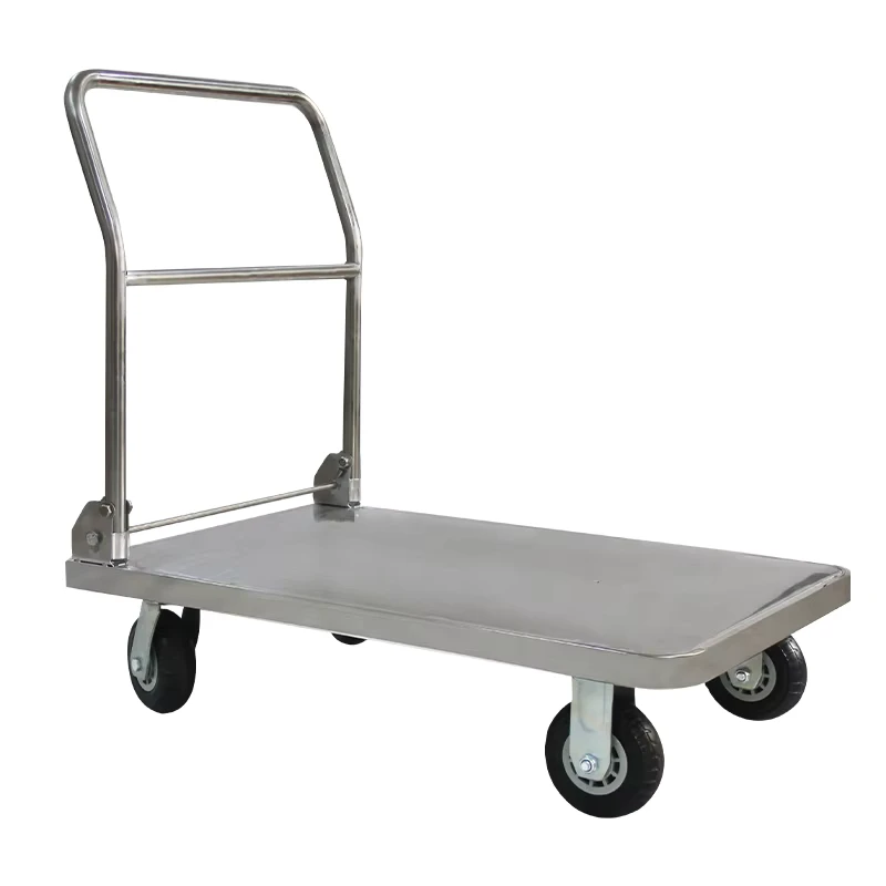 Flatbed Heavy Rubber Wheel Turnover Foldable SUS 304 Stainless Steel Platform Hand Trolley Cart 500KGS Load for Warehouse