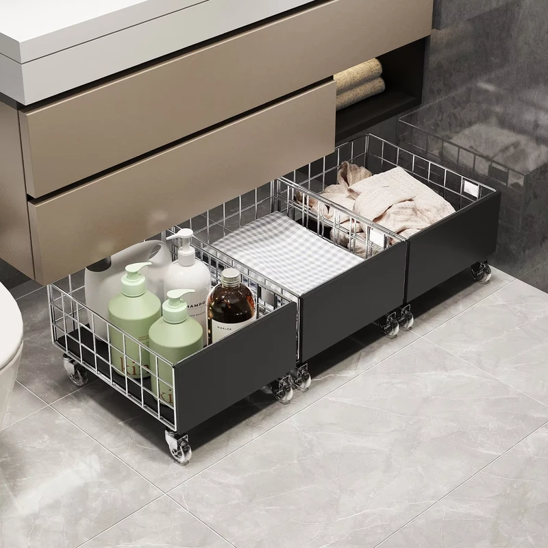 Floor standing Bathroom Cabinet with Dirty Clothes Basket and Wheels Trolley for Household Laundry Storage