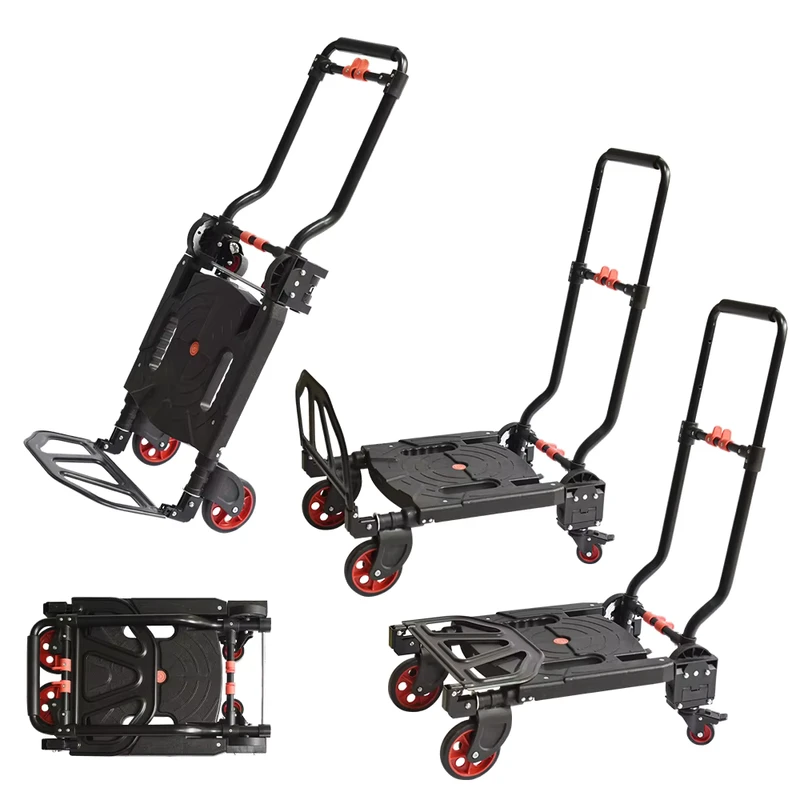 Flywheel Caster 2 in 1 Foldable Platform Hand Truck 120kg 200kg Load Capacity Four Wheel PP Plastic Smooth Gliding Car