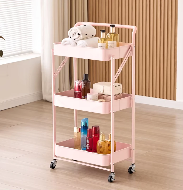 Foldable 3 Tier Iron Storage Trolley Cart Lockable Wheels Eco Friendly Waterproof Durable Portable Modern Multifunction Utility