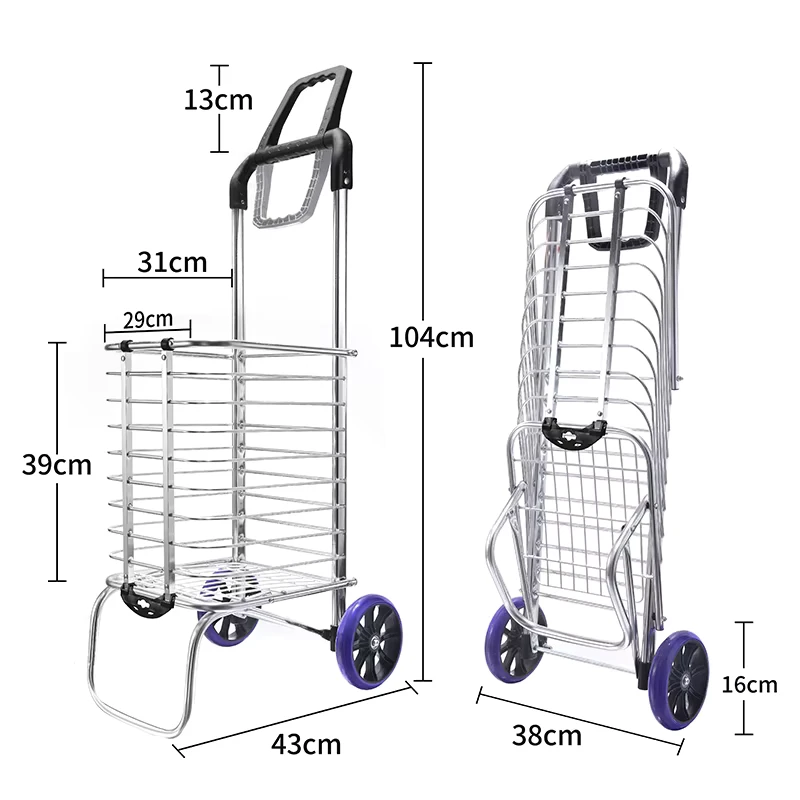 Foldable Aluminum Shopping Trolley Cart 2 PVC Wheels 40KG Capacity OEM Customizable Durable for Cargo Handling Tools Storage