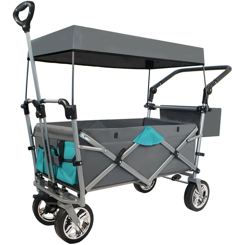 Foldable Beach Trolley Cart 4 Wheeled Shopping Camping Grocery Trolley Wagon with Roof
