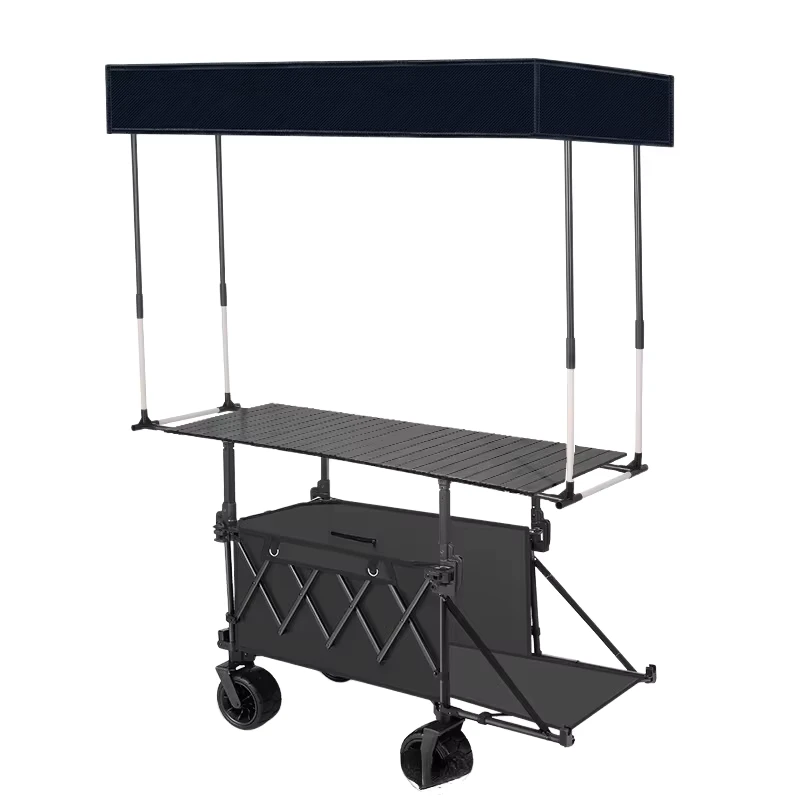 Foldable Camping Wagon With Table Board Sunshade Adjustable Outdoor Utility Cart for Picnic Stal