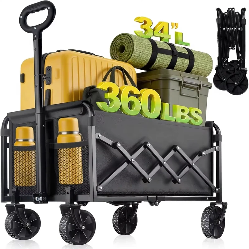 Foldable Collapsible Heavy Duty All Terrain Lightweight Utility Cart Built In Cup Holder Adjustable Handle Wheels Camping