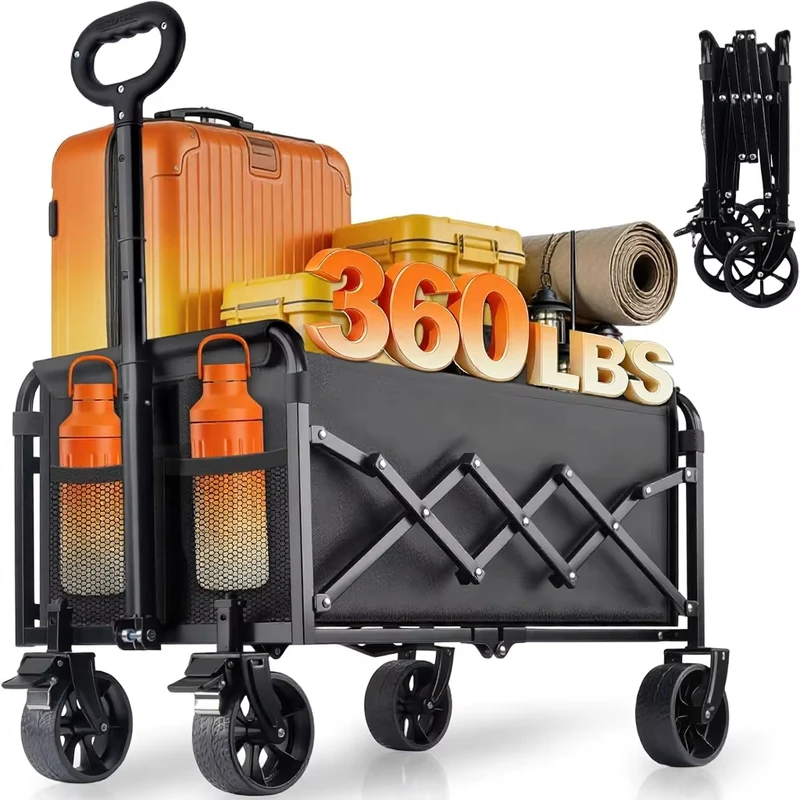 Foldable Collapsible Heavy Duty All-Terrain Lightweight Utility Cart Built-In Cup Holder Adjustable Handle Wheels Camping
