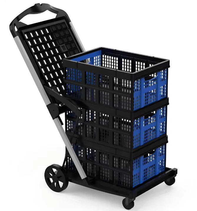 Foldable Double Layer Utility Trolley Cart with Wheel for Office Warehouse Storage Moving Goods Portable Multifunctional Push Cart