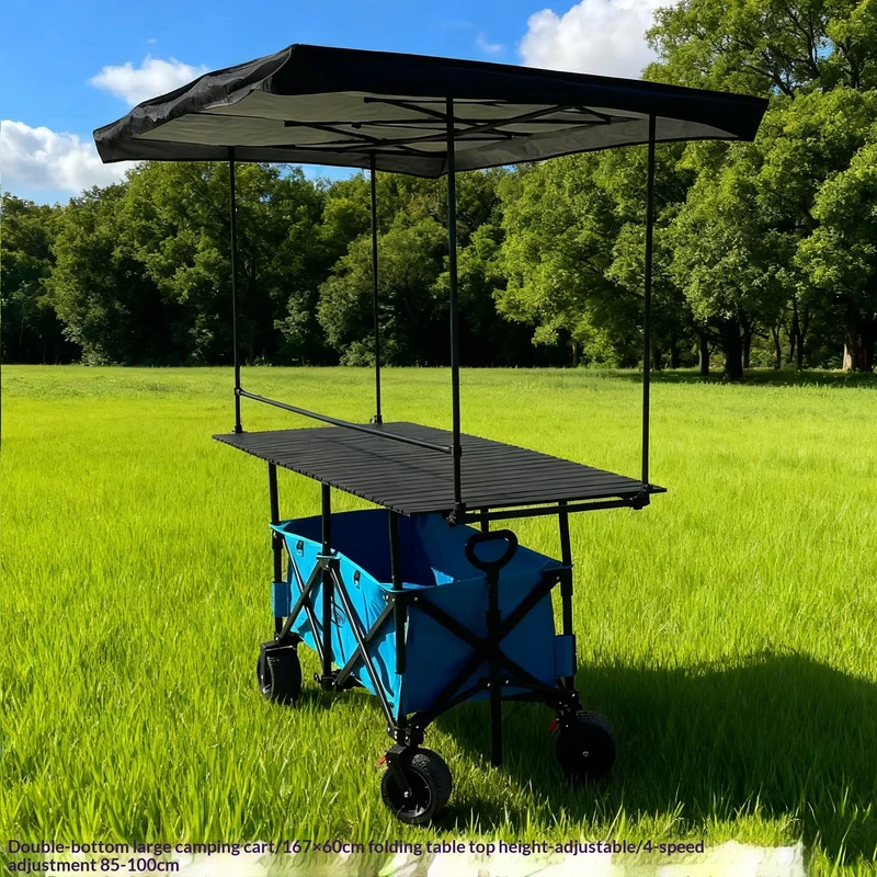 Foldable Egg Roll Table Top Stall Cart Telescopic Handle Off road Wheels 250kg Load Capacity for Camping Picnic Snack Service