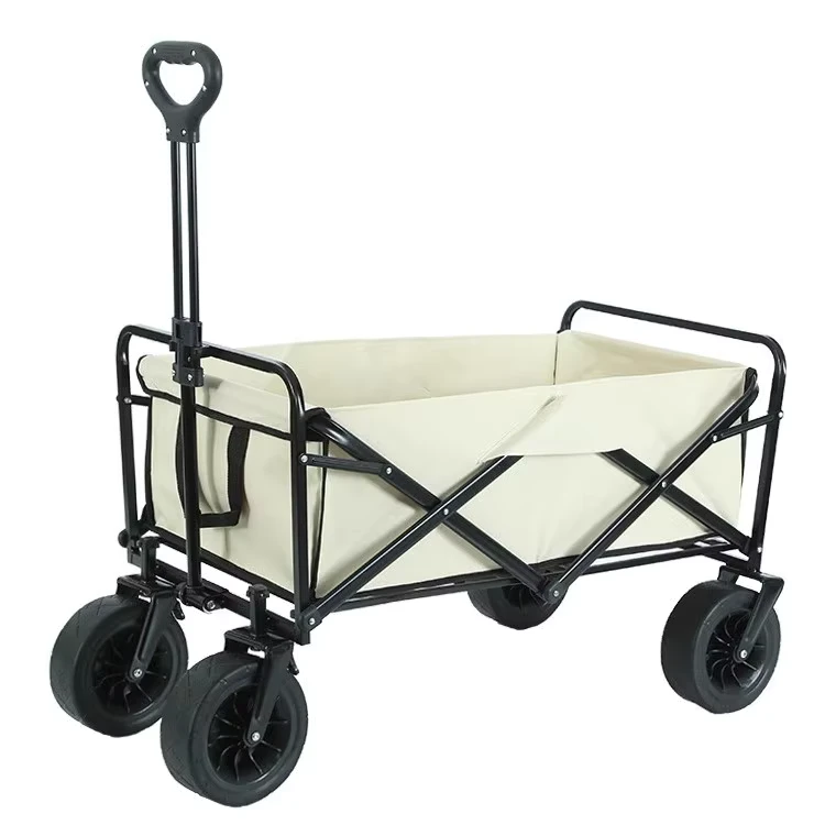 Foldable Extended Big Wheel Wagon Trolley Cart Beige Collapsible Camping Beach Fishing Wagon Trolley Cart