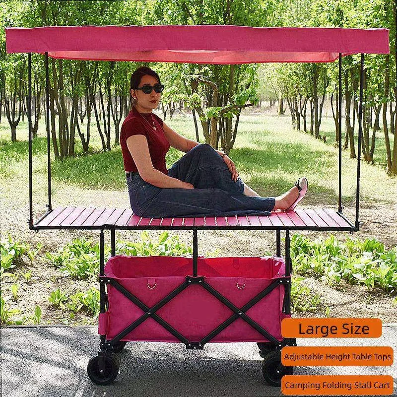 Foldable Four Wheel Metal Frame Camping Cart 150kg Load Capacity Dark Brown 72x150cm Outdoor Garden Storage Trolley