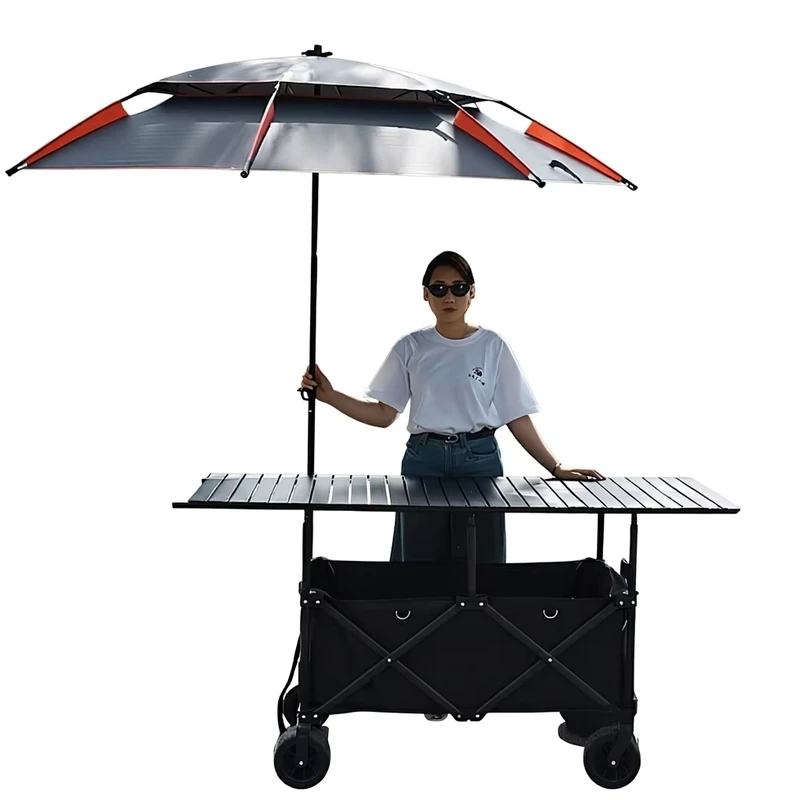 Foldable Four Wheel Outdoor Camping Stall Trolley with Height Adjustable Table Sunshade Roof for Shopping Storage OEM Available